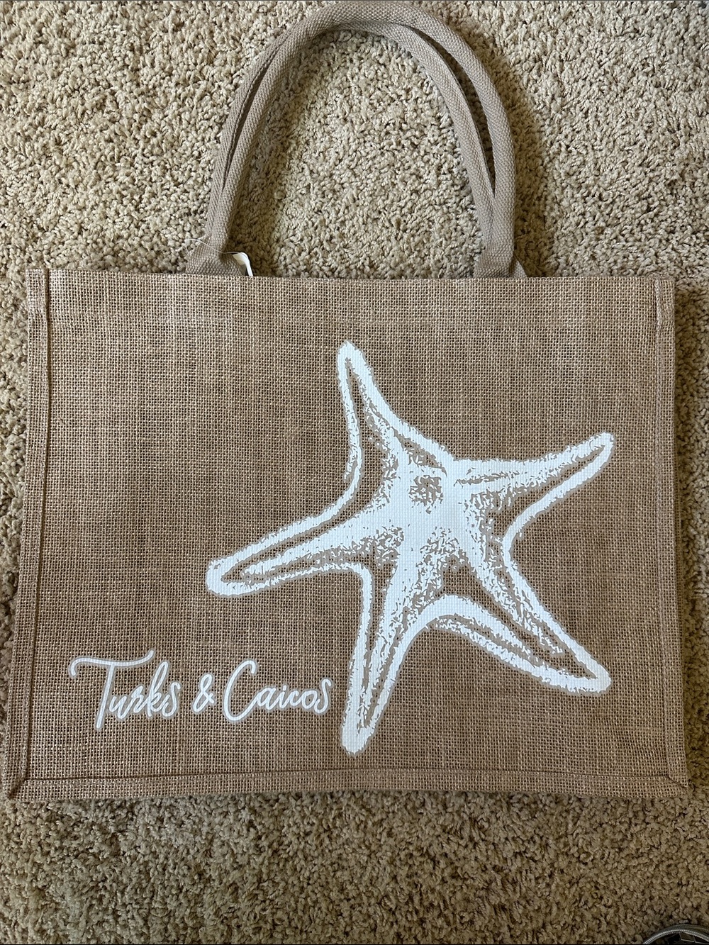 NEW Turks & Caicos Jute Tote Bag with White Starfish